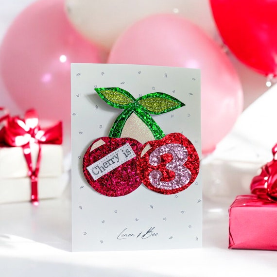 Cherry Birthday badge. Birthday gift, birthday brooch. Glitter number badge. Cherry fruit theme.