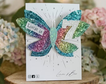 Butterfly Birthday badge. Birthday gift, birthday brooch. Glitter number badge. Butterfly theme.