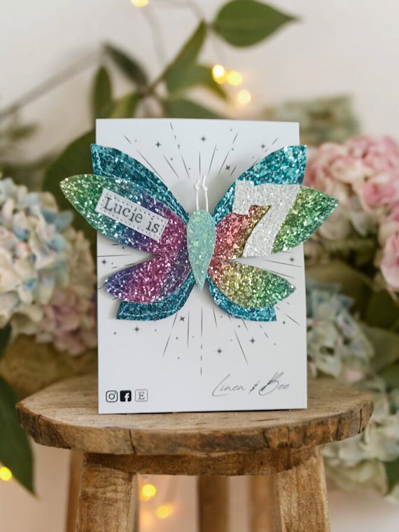 Butterfly Birthday badge. Birthday gift, birthday brooch. Glitter number badge. Butterfly theme.