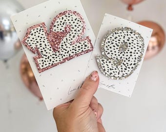 Age Number Birthday badge. Personalised Vegan Leather and Glitter age number badge. Birthday gift, birthday brooch.