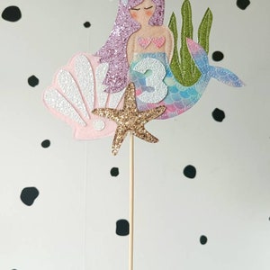 Mermaid cake topper, personalised with age. Handmade stitched cake topper. Mermaid theme Birthday cake topper.