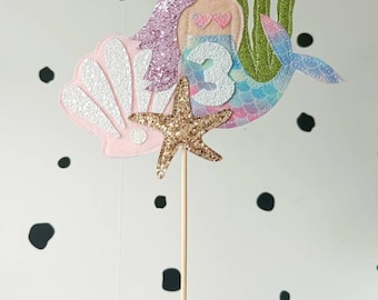 Mermaid cake topper, personalised with age. Handmade stitched cake topper. Mermaid theme Birthday cake topper.