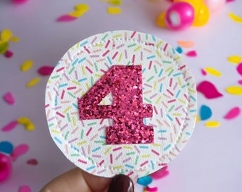 Birthday badge. Party sprinkles age number badge. Birthday gift, birthday brooch. Faux leather, Glitter number badge.