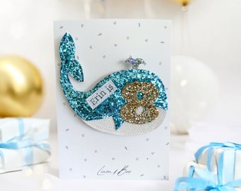 Whale Birthday badge. Birthday gift, birthday brooch. Glitter number badge. Whale theme.