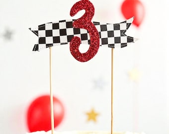 Chequered flag racing theme cake topper. personalised with age. Racing car theme birthday cake topper.