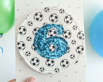 Birthday badge. Football theme age number badge. Birthday gift, birthday brooch. Faux leather, Glitter number badge.