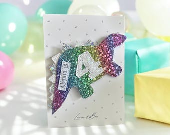 Dinosaur Birthday badge. Personalised age number badge. Birthday gift, birthday brooch. Glitter number badge.