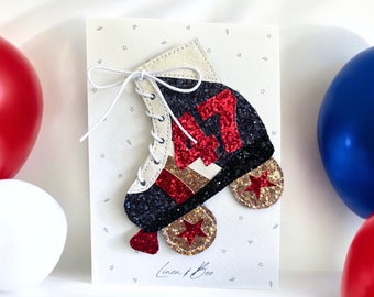 Roller skate Birthday badge. Birthday gift, birthday brooch. Glitter number badge. Retro roller skating.