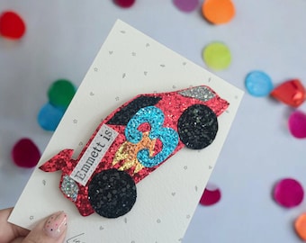 Racing Car Birthday Badge. Personalised birthday badge.