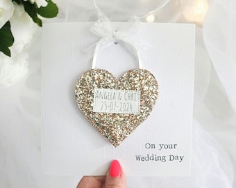 Personalised Wedding Day Cards. Handmade Wedding cards. Sparkle heart cards.