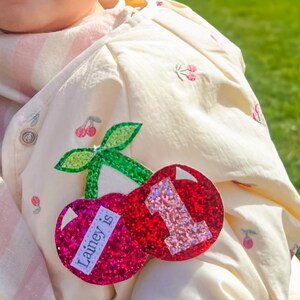 Cherry Birthday badge. Birthday gift, birthday brooch. Glitter number badge. Cherry fruit theme. image 2