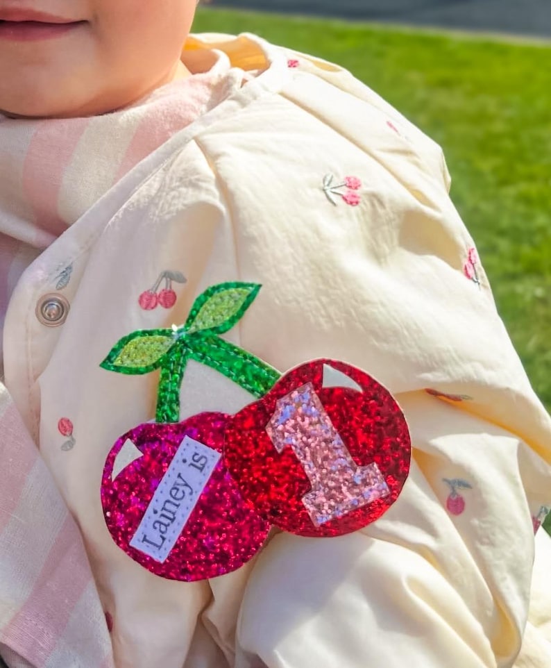 Cherry Birthday badge. Birthday gift, birthday brooch. Glitter number badge. Cherry fruit theme. image 2