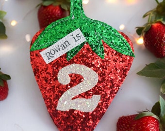 Strawberry Birthday badge. Berry birthday Personalised birthday brooch. Glitter age badge.