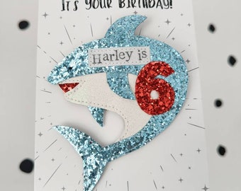 Shark Birthday badge. Personalised age number badge. Birthday gift, birthday brooch. Glitter number badge.