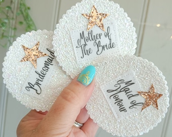 Hen Party Badges.  Small Single layer with star embellishment. luxurious badges. Bride to be, Bridesmaid, team bride, bride tribe.