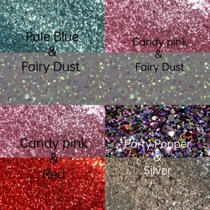 May include: Four different glitter colors in square containers. The colors are pale blue and fairy dust, candy pink and fairy dust, candy pink and red, and party popper and silver.