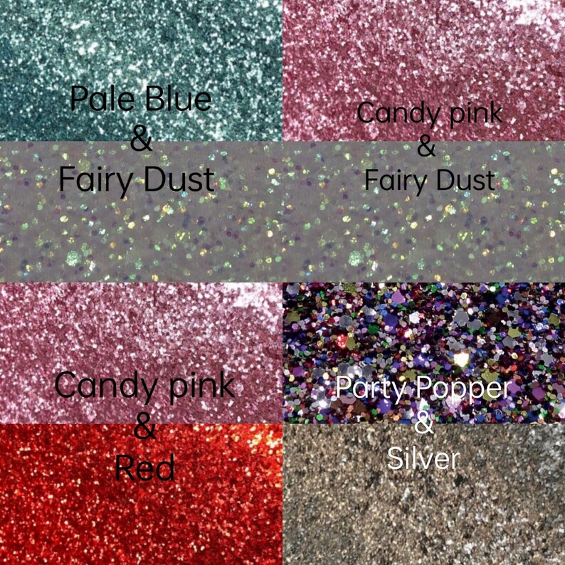 May include: Four different glitter colors in square containers. The colors are pale blue and fairy dust, candy pink and fairy dust, candy pink and red, and party popper and silver.