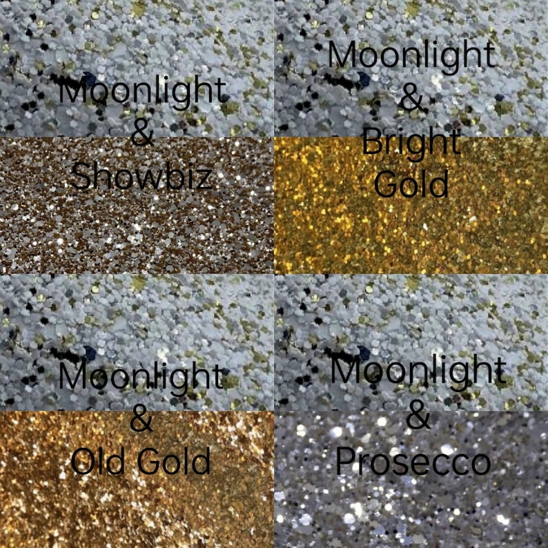 May include: Four samples of glitter, each with a different color and texture. The glitter is labeled "Moonlight & Showbiz", "Moonlight & Bright Gold", "Moonlight & Old Gold", and "Moonlight & Prosecco".