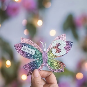 Op de afbeelding: Een regenboog glittervlinder met de tekst "Erin is 3" op een vleugel. De vlinder wordt in een hand gehouden tegen een wazige achtergrond van roze en groen.