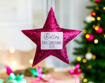 Personalised Baby’s First Christmas stars. Personalised glitter star, handmade christmas decoration.