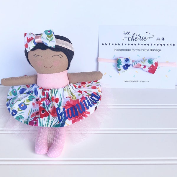Hispanic Cloth Doll, Darling Doll, Biracial Doll, Latino Doll, Doll Baby Shower Gift, Personalized Doll with Matching Headband or Hair Clip