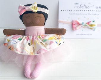 Black Cloth Doll, African American Doll, Personalized Handmade Doll, Baby Shower Gift, Doll with Matching Headband or Hair Clip