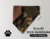 Personalized Dog Bandana, Over the Collar Dog Bandana, Reversible Bandana Green and Brown Camouflage with Brown Tweed Reverse