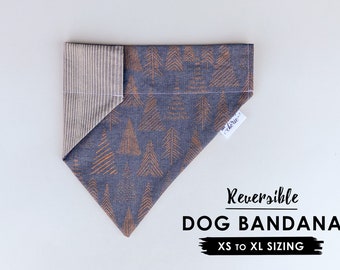 Personalized Dog Bandana, Over the Collar Dog Bandana, Reversible Dog Bandana, Copper Trees on Blue with Stripe Reverse, Christmas Trees
