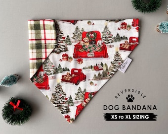 Personalized Dog Bandana, Over the Collar Dog Bandana, Reversible Holiday Bandana, Little Red Truck Christmas Dog Bandana, Plaid Dog Bandana