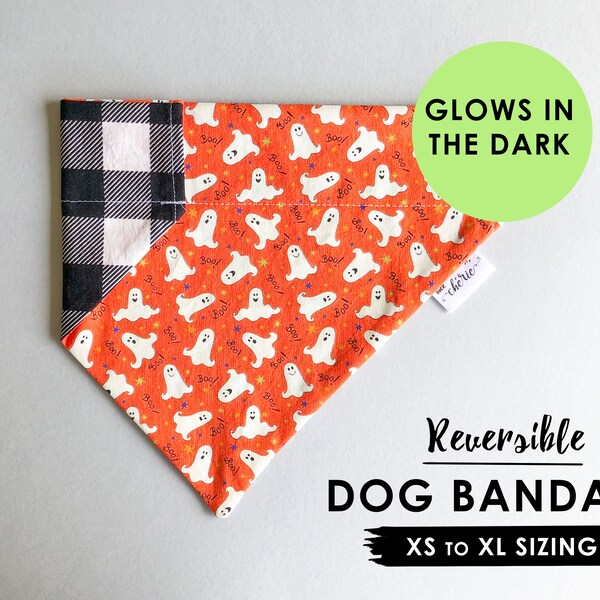 Size XS Personalized Dog Bandana, Over the Collar Dog Bandana, Glow in the Dark Ghost Dog Bandana, Halloween,Black and White Buffalo Plaid