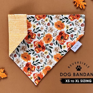 Personalized Dog Bandana, Over the Collar Dog Bandana, Reversible Bandana, Fall Floral Bandana, Gold Plaid Bandana, Autumn Dog Bandana,