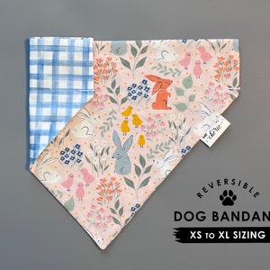 Spring Dog Bandana, Personalized Dog Bandana, Over the Collar, Reversible Bandana, Bunny and Chicks, Blue Plaid Dog Bandana, Spring Bandana