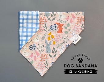 Spring Dog Bandana, Personalized Dog Bandana, Over the Collar, Reversible Bandana, Bunny and Chicks, Blue Plaid Dog Bandana, Spring Bandana