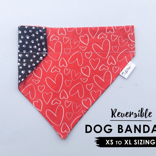 Personalized Dog Bandana, Over the Collar Dog Bandana, Reversible Bandana, Red Valentine Heart Dog Bandana, Black Paw Print Reverse