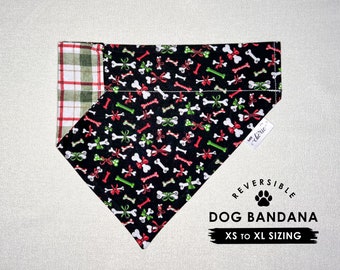 Christmas Dog Bandana, Personalized Dog Bandana, Dog Bones Scarf, Over the Collar Dog Bandana, Reversible Bandana, Christmas Plaid Bandana,