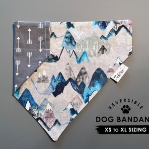 Personalized Dog Bandana, Over the Collar Dog Bandana, Reversible Bandana, Navy Mountains, Gray Arrow Reverse, Outdoor, Adventure, Hiking