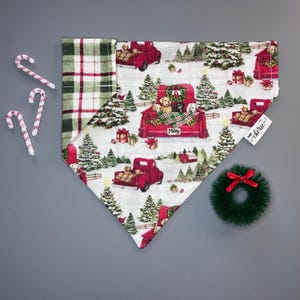 Personalized Dog Bandana, Over the Collar Dog Bandana, Reversible Holiday Bandana, Little Red Truck Christmas Dog Bandana, Plaid Dog Bandana