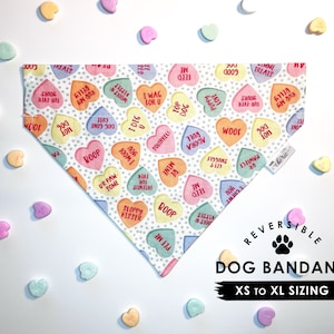 Valentines Dog Bandana: Reversible Candy Hearts, Slides on Collar