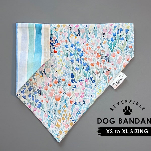 Over the Collar Dog Bandana, Personalized Dog Bandana, Reversible Bandana, Watercolor Stripes Bandana, Spring Floral Bandana, Wildflowers