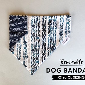 Personalized Dog Bandana, Over the Collar Dog Bandana, Reversible Bandana Blue Geometric, Blue Print and Navy Dot Reverse, Blue Patterned