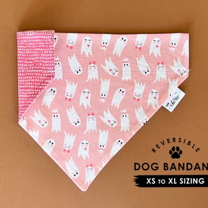 Personalized Dog Bandana, Over the Collar Dog Bandana, Reversible Bandana, Halloween Bandana, Pink Bandana with Ghosts, Autumn Dog Bandana,