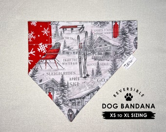 Personalized Dog Bandana, Over the Collar Dog Bandana, Reversible Holiday Bandana, Christmas Bandana, Ski Lodge, Sleigh Rides, Snowflakes