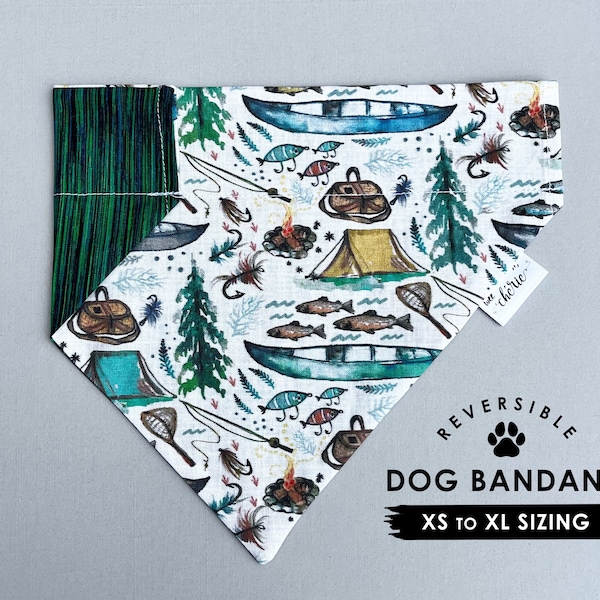 Fishing Dog Bandana, Personalized Dog Bandana, Over the Collar Dog Bandana, Reversible Bandana, Adventure Dog Bandana, Camping Dog Bandana