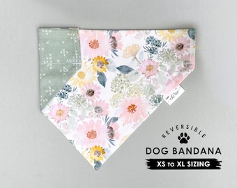 Spring Floral Dog Bandana, Personalized Bandana, Over the Collar Dog Bandana, Reversible Dog Bandana, Sage Green Reverse