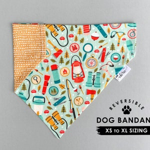 Personalized Camping Theme Dog Bandana, Over the Collar Dog Bandana, Reversible Bandana, Adventure Dog Bandana, Great Outdoors Dog Bandana