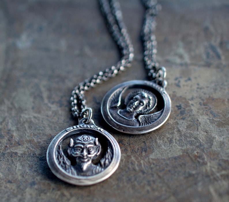 Sinner Saint Necklace. Reversible Medallion. Good and Evil