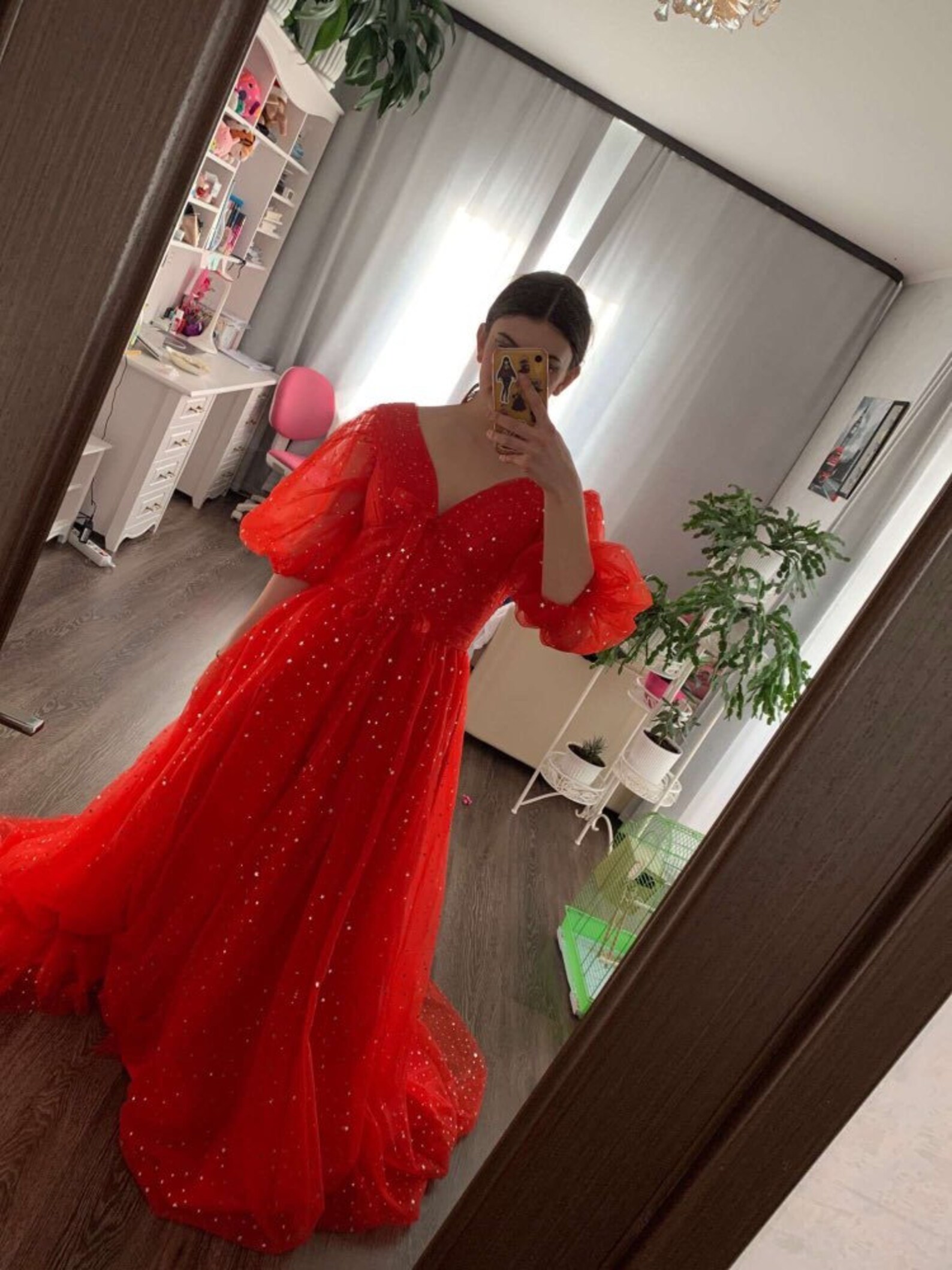 Starry Black Dress Tulle Prom Dress Vneck Half Sleeve Gown Etsy