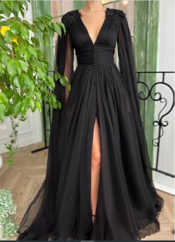 Beading Chiffon Prom Dress V-neck Long Cape Sleeves Evening - Etsy UK