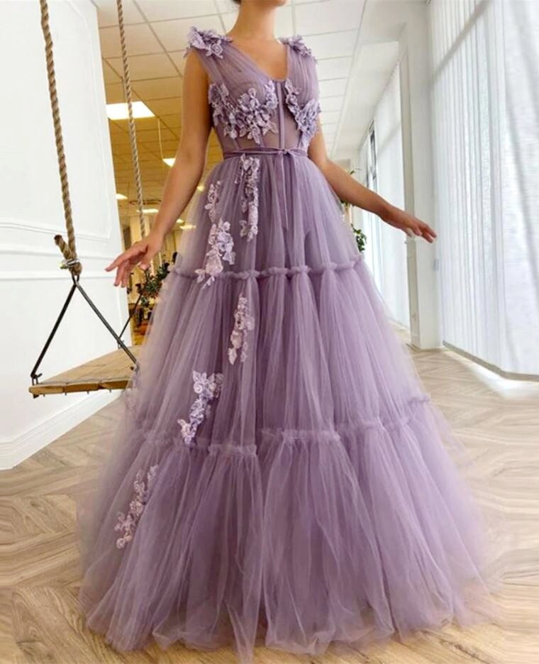 Stunning Lavender Tulle Ruffled Gown Long Tulle Prom Dress - Etsy Singapore