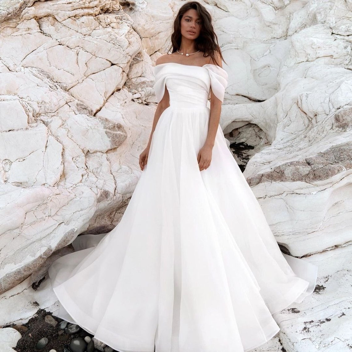 White Organza Off Shoulder Wedding Dress